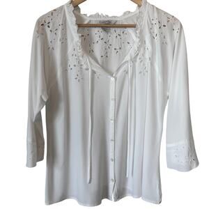 Fresco by Nomadic Traders Eyelet Blouse M Women White Rayon Boho Coastal Peasant